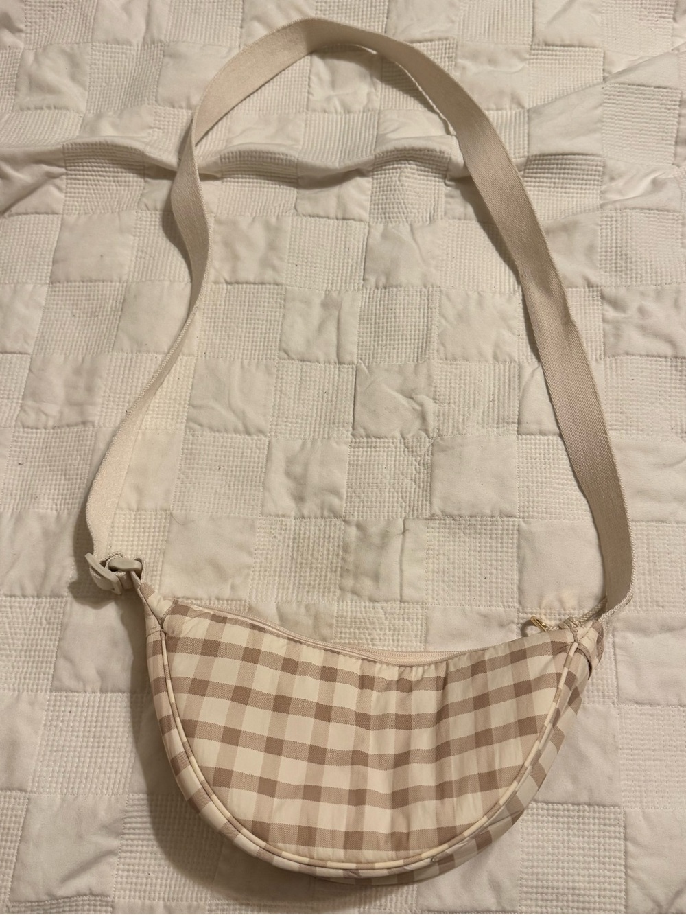 Beige Gingham Crescent Crossbody Shoulder Bag